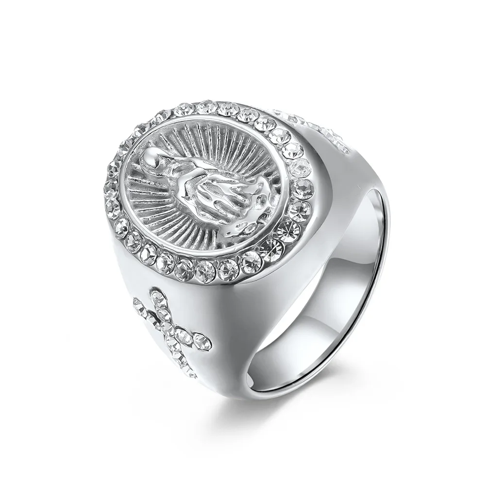 new 22mm Stainless Steel Ring Silver18 K Gold Virgin Mary Cross with Diamond Stainless Steel Ring Jewelry finger rings