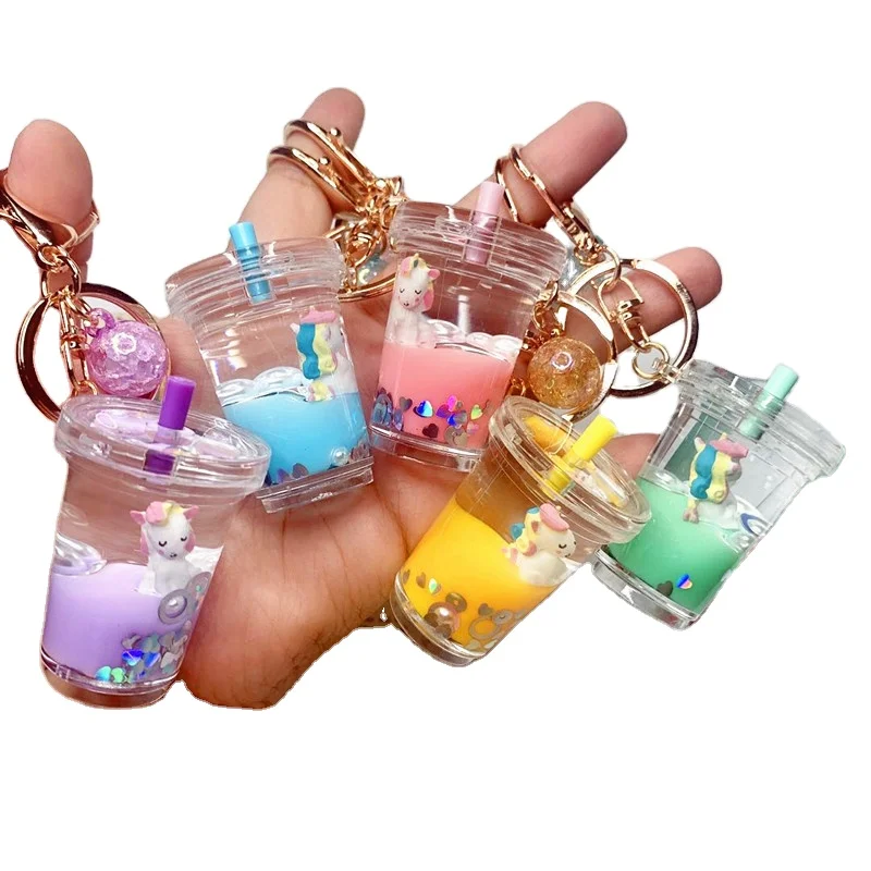3D Cute Cartoon Unicorn Keychain Boba Milk Tea Floating Liquid Sequin Key Chain Car Charm Keyring Bag Pendant For Women Men Kids