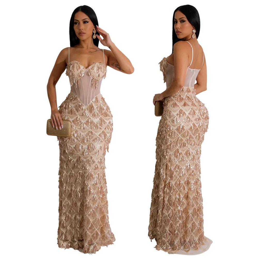 Sequin Wedding Gown Mesh Sheer See Through Spaghetti Strap Sling Suspendor Sequin Tassel Floor Length Evening Dress for Women