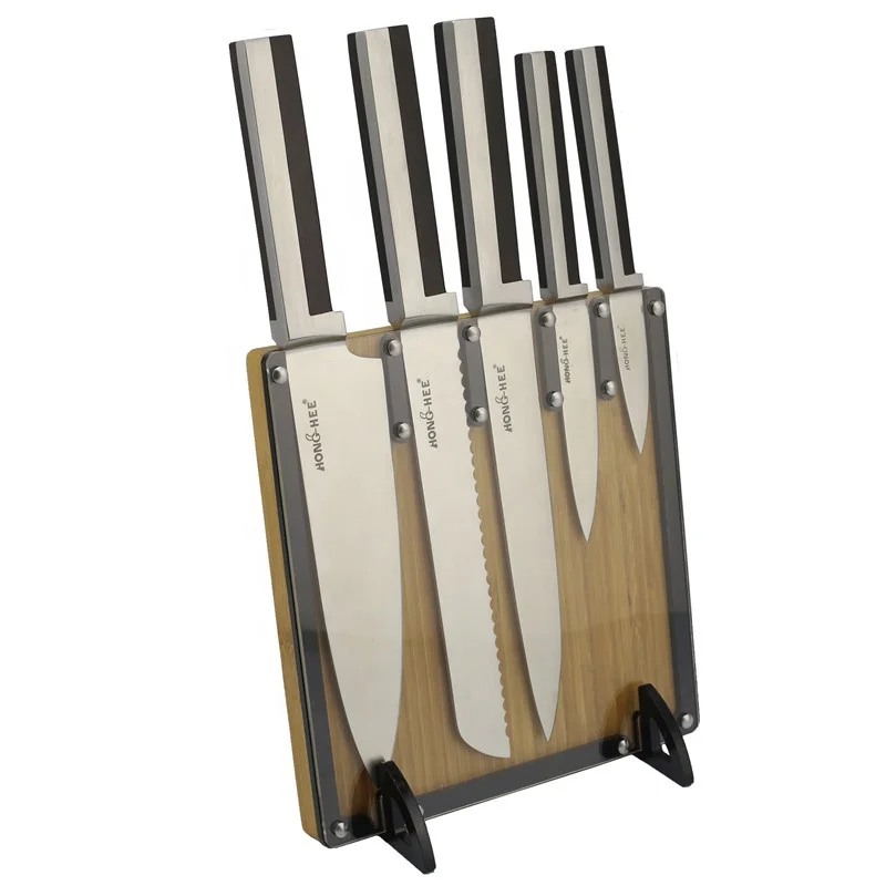 Набор кухонных ножей из нержавеющей стали с деревянной рукояткой из сандалий в акриловом бамбуковом блоке