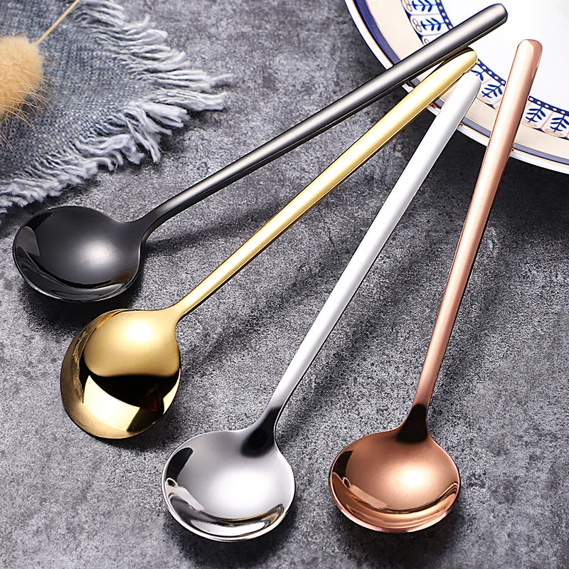 New Arrivals Korean Style Stainless Steel Gold Plated Spoons Bulk Round Metal Soup Spoon for Ramen