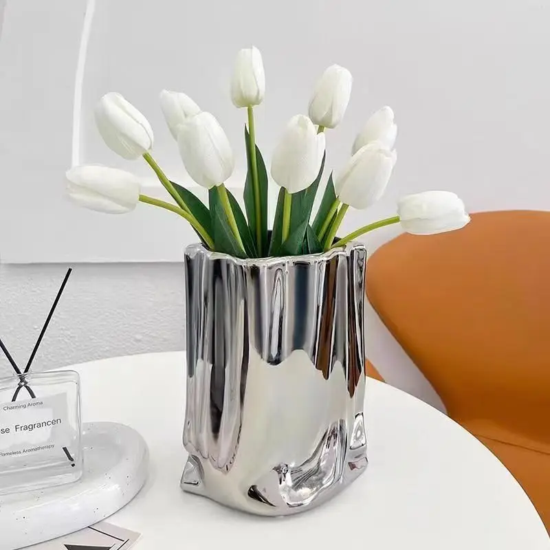 Custom logo creative pleated ceramic vase electroplated silver vase for home wedding office decor