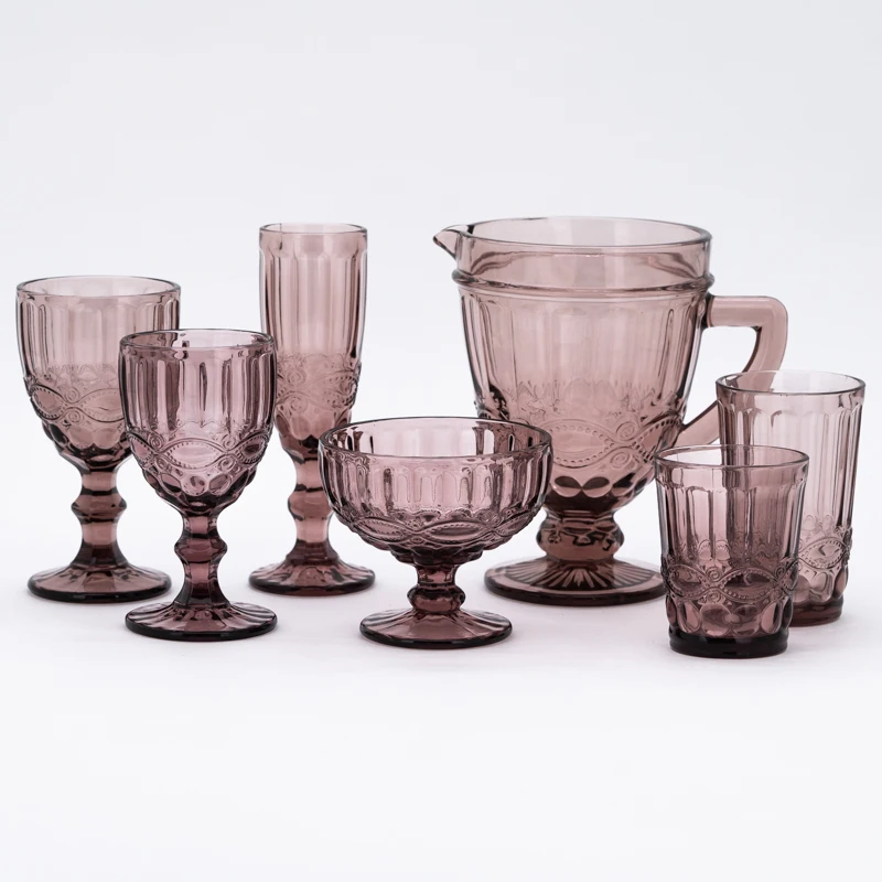 embossed purple colored glassware retro juice vintage red wine glass goblet set