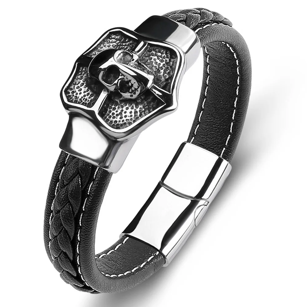 Custom Simple Vintage Braided Single Leather Bracelet Magnetic Tungsten Carbide Skull Bangle Mens
