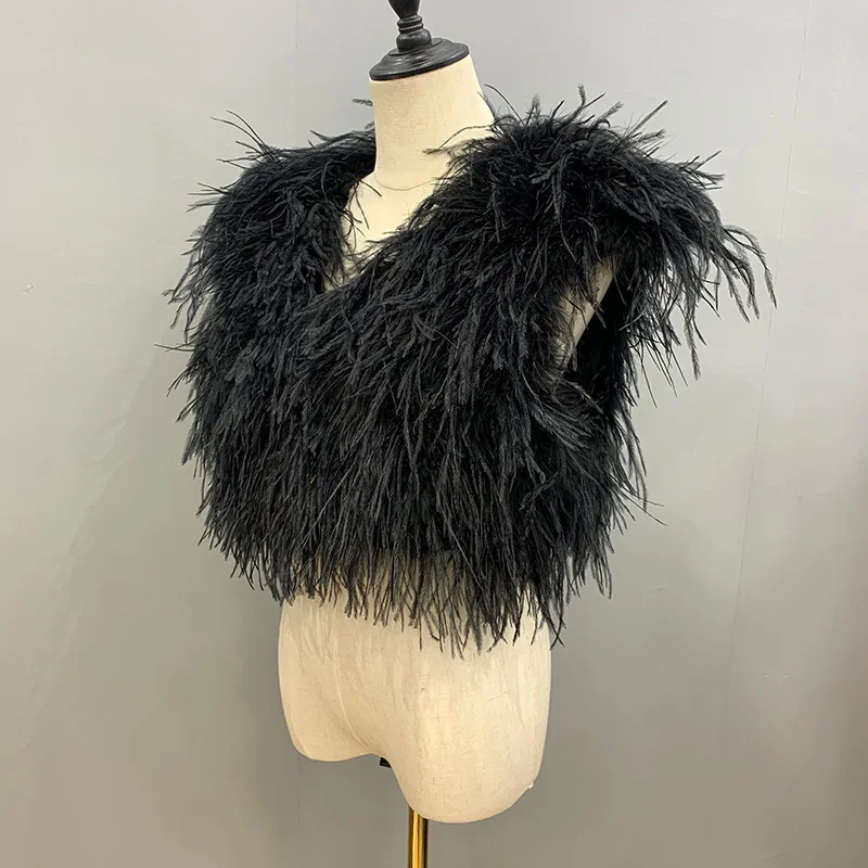 Designer Sleeveless Coat Fashion Fluffy Ostrich Feather Vest Real Fur Vest Women