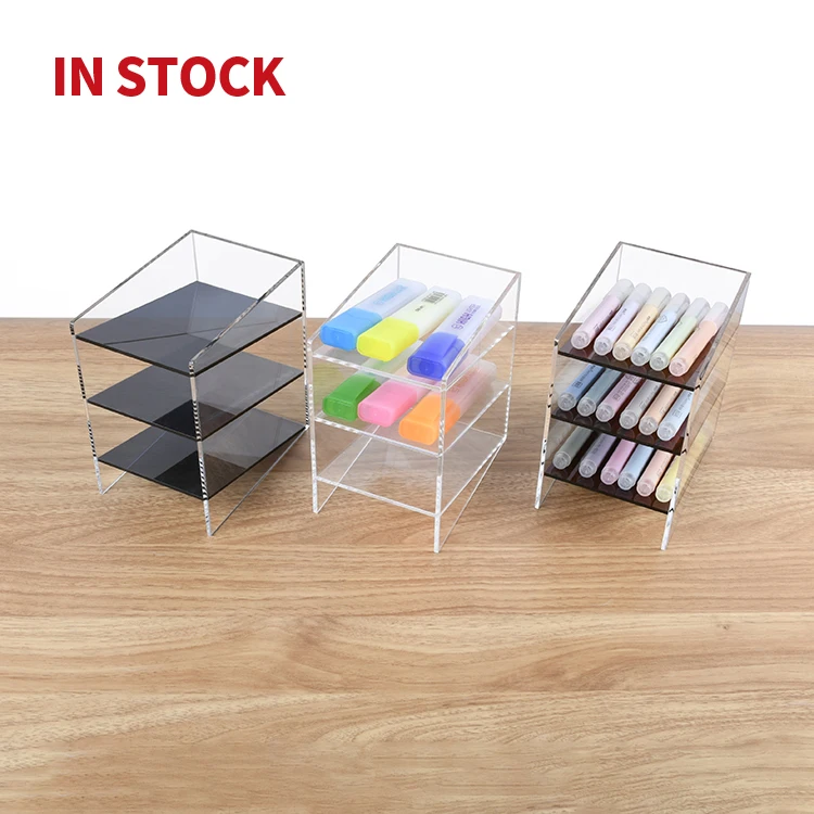 Vertical Acrylic Marker Pen Holder Desk  Storage Makeup Pencil Organizers with 3 Compartment for Office Desk Supplies