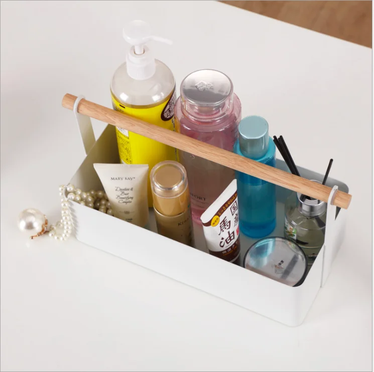 Japanese style desktop wrought iron cosmetic storage box wood pole portable large storage box