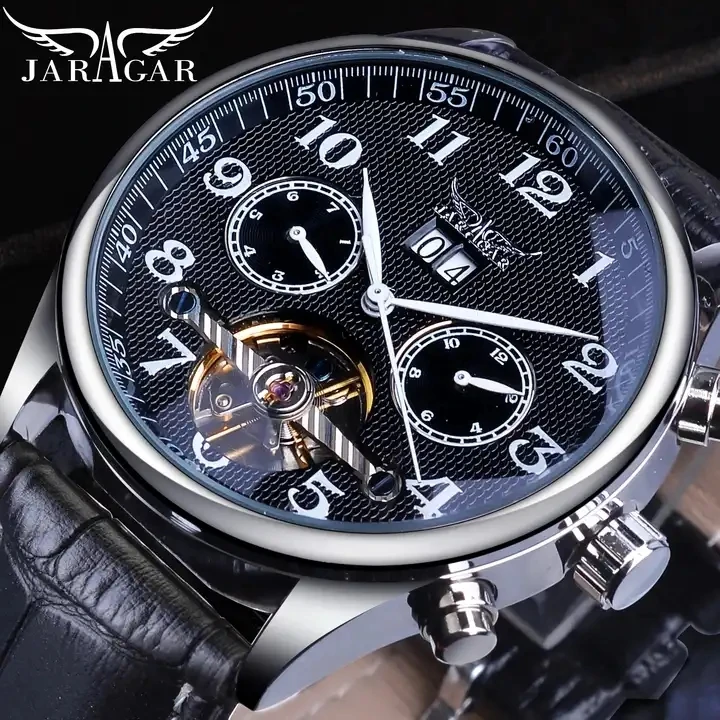 Jaragar New Mens Watches Automatic Tourbillon Mechanical Watch Black Calendar Clock Leather Strap Business Wristwatch Gift