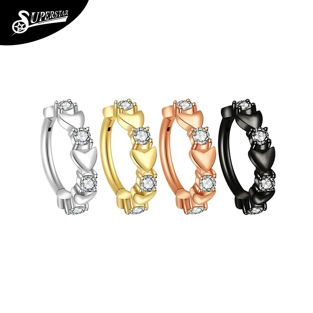 Superstar custom 316L stainless steel nasal septum peach heart casting inlay 5 white zircon nose ring piercing jewelry
