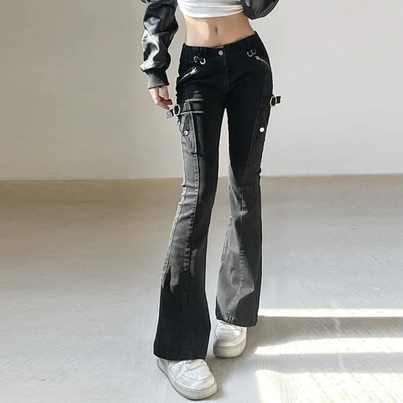 J&H fashion trending products 2023 wholesale denim fabric overalls jeans slim fit low waist sexy boot-cut pantalones de mujer