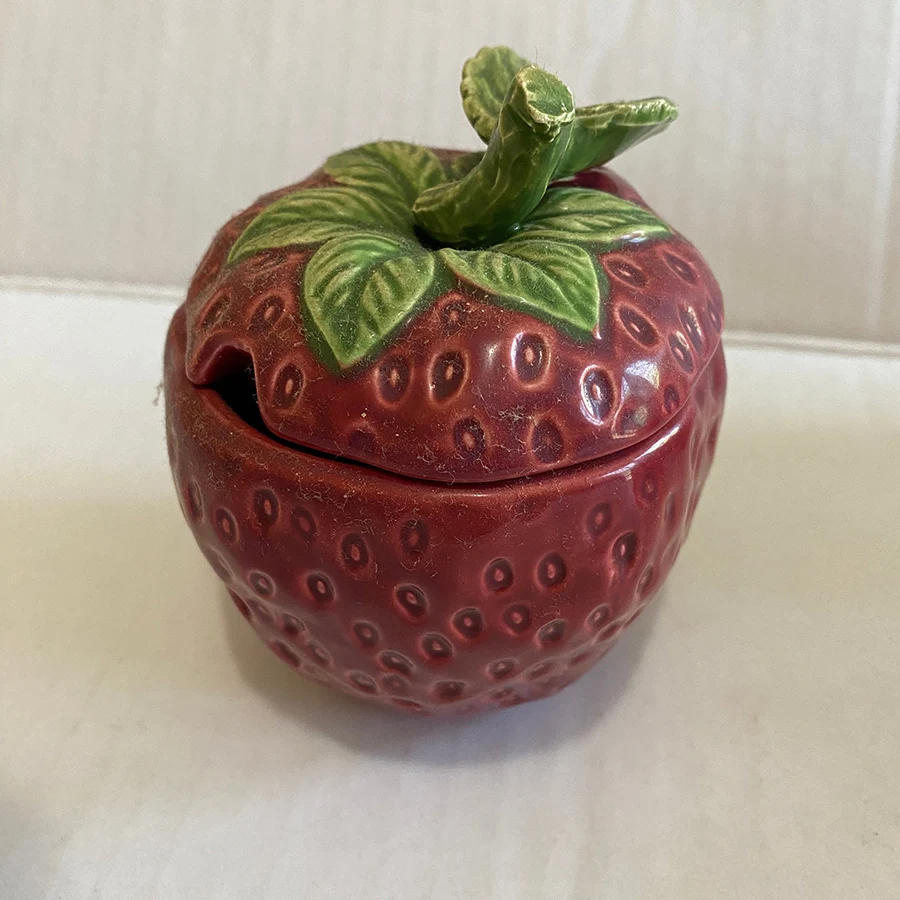 Vintage Strawberry Jam Pot Jar Lid Spoon Ceramic Pottery Vibrant Colors Very Good Euc Mcm MID Century Modern Fruit Collection