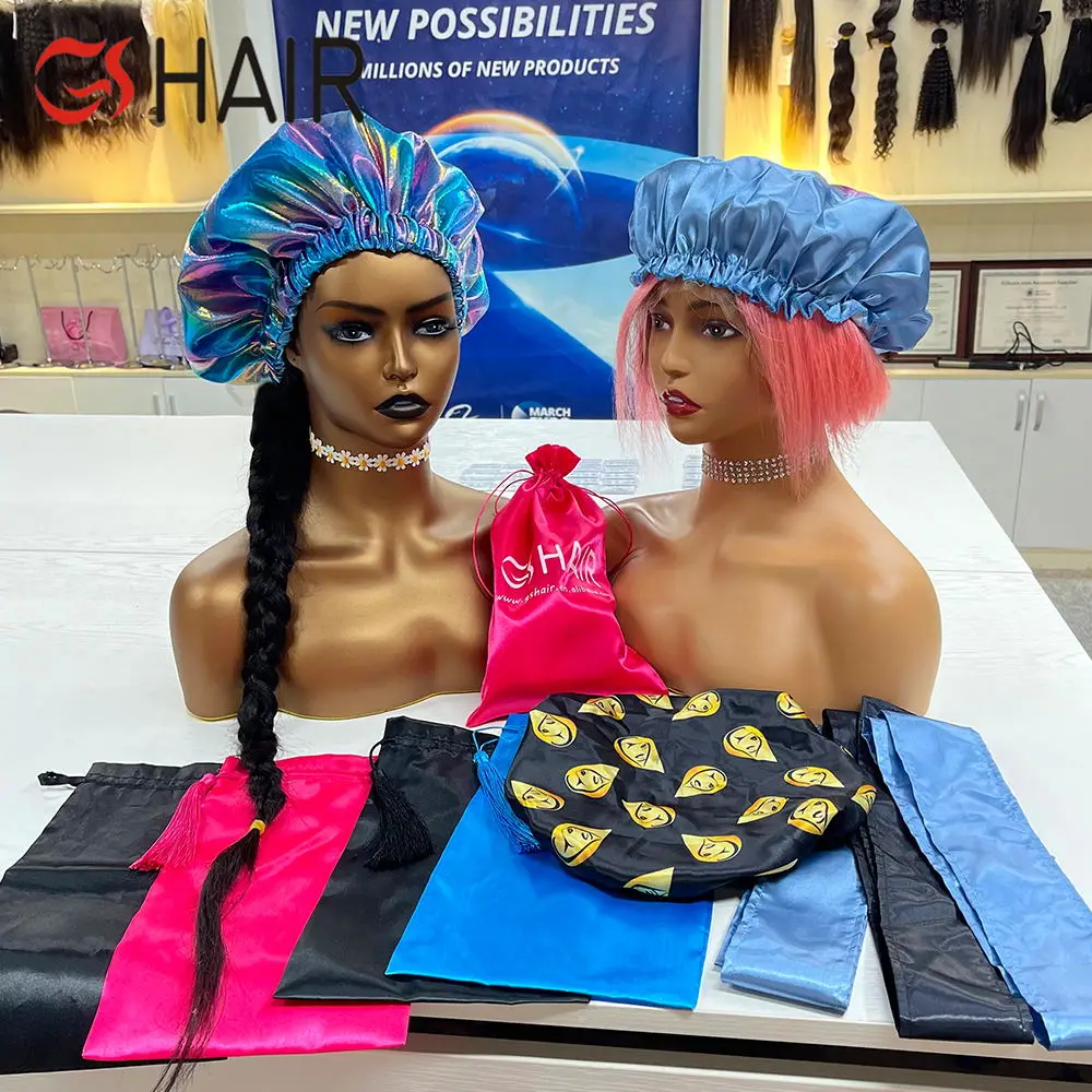 Low MOQ wig packaging silk bonnet satin with packaging bags free design for hair purchase satin drawstring logo bag for bundles