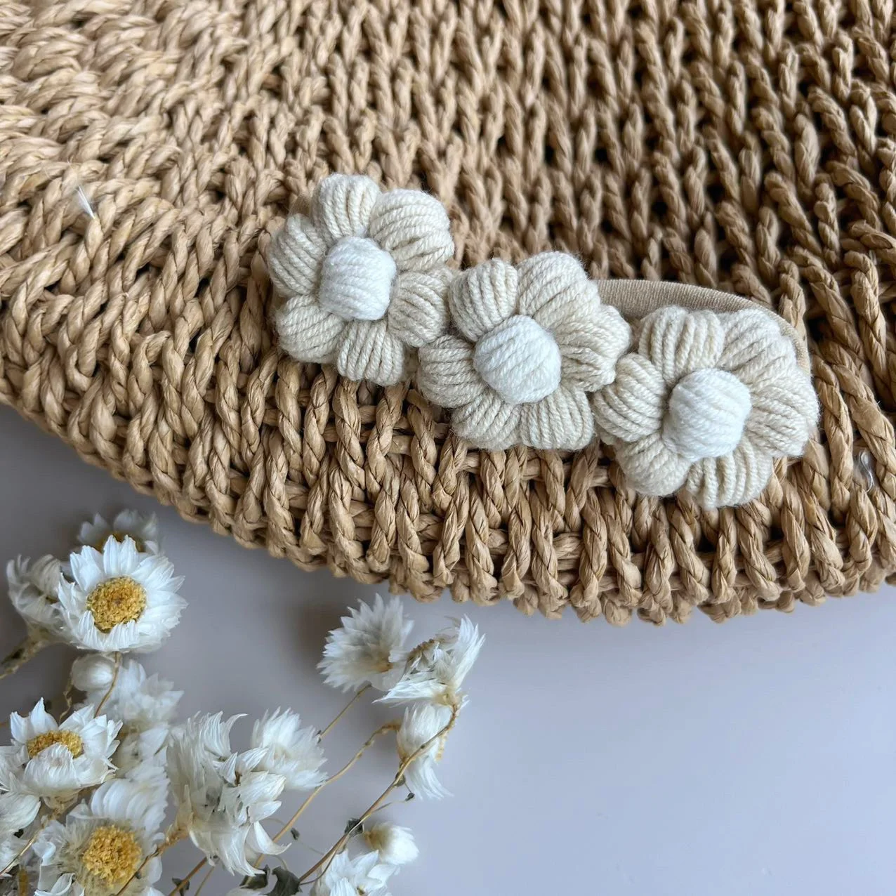 Ins Popular super soft cute Puff Daisy Crochet knitted hair Baby girl headbands hair accessories