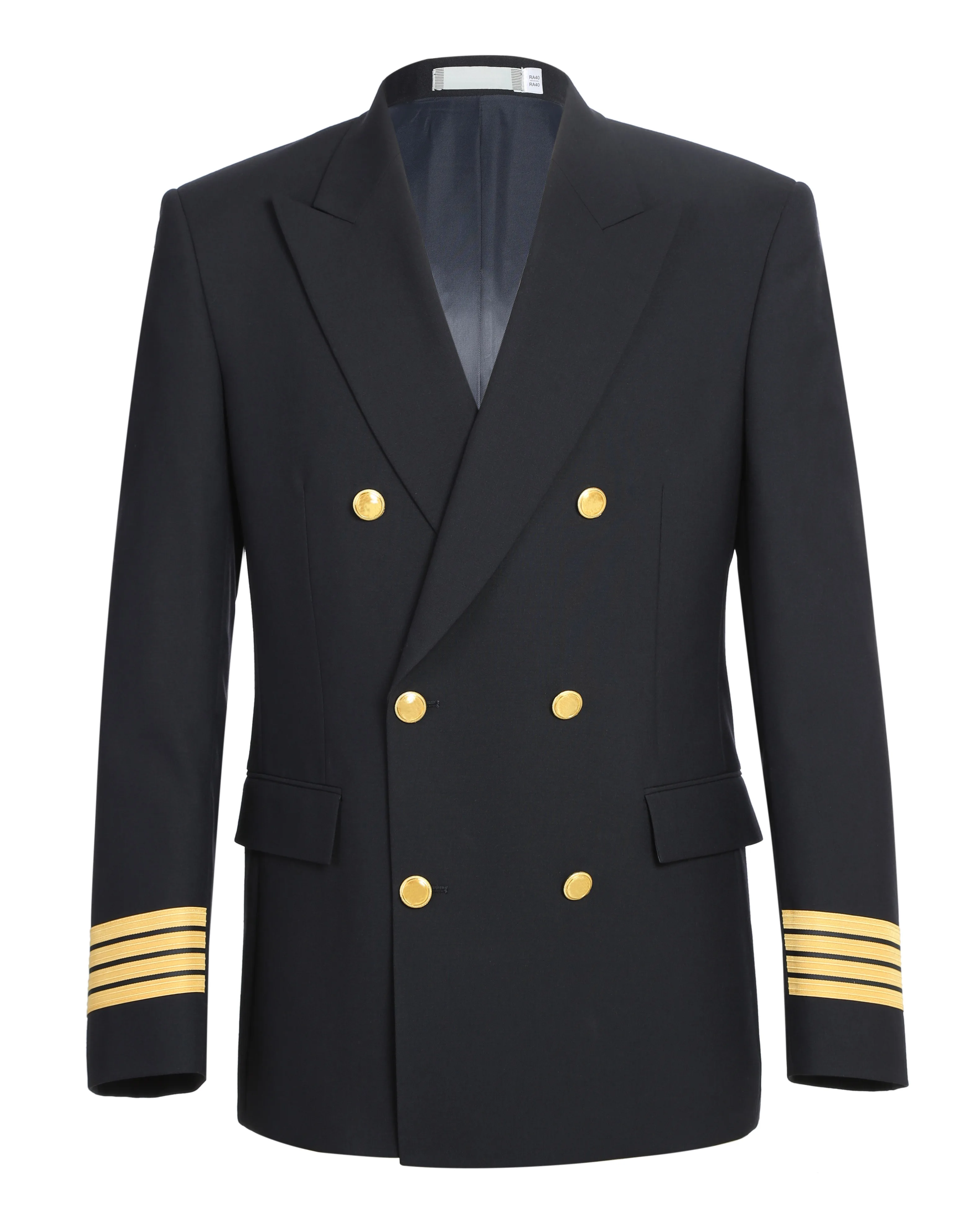 
100% wool Pilot Uniforms with double breasted peaky lapel and metal button and embroidery ribbon tape Airline uniforms 