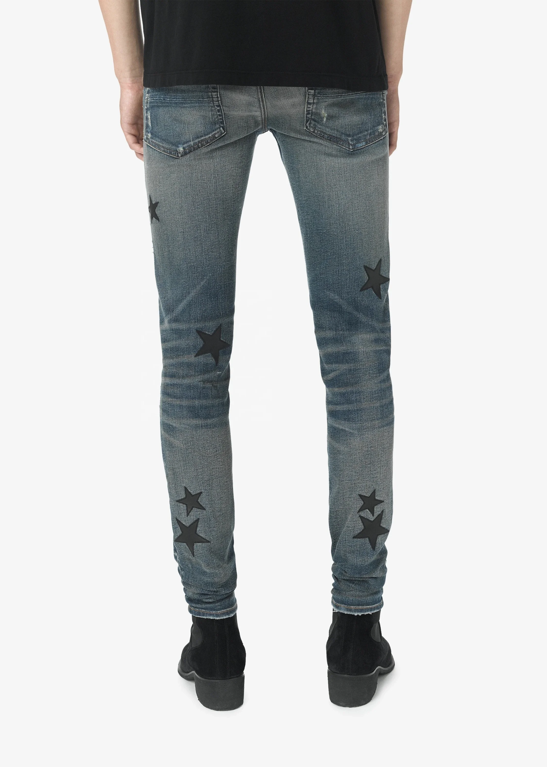 OEM new designs wholesale patchwork torn destroyed denim skinny jeans for men