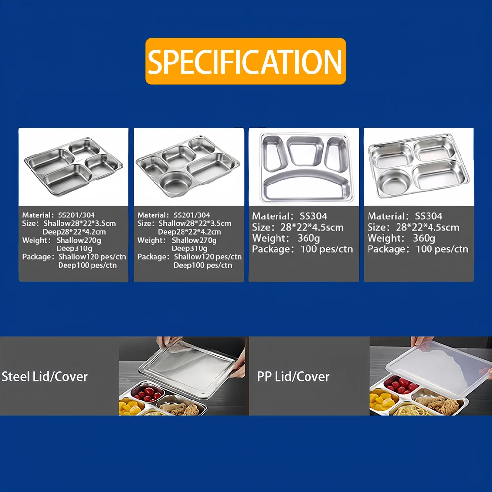 YITIAN  Five Compartments School Lunch Box Fast Food Food Grade Stainless Steel Serving Divided Snack Dinner Plate Tray With Lid