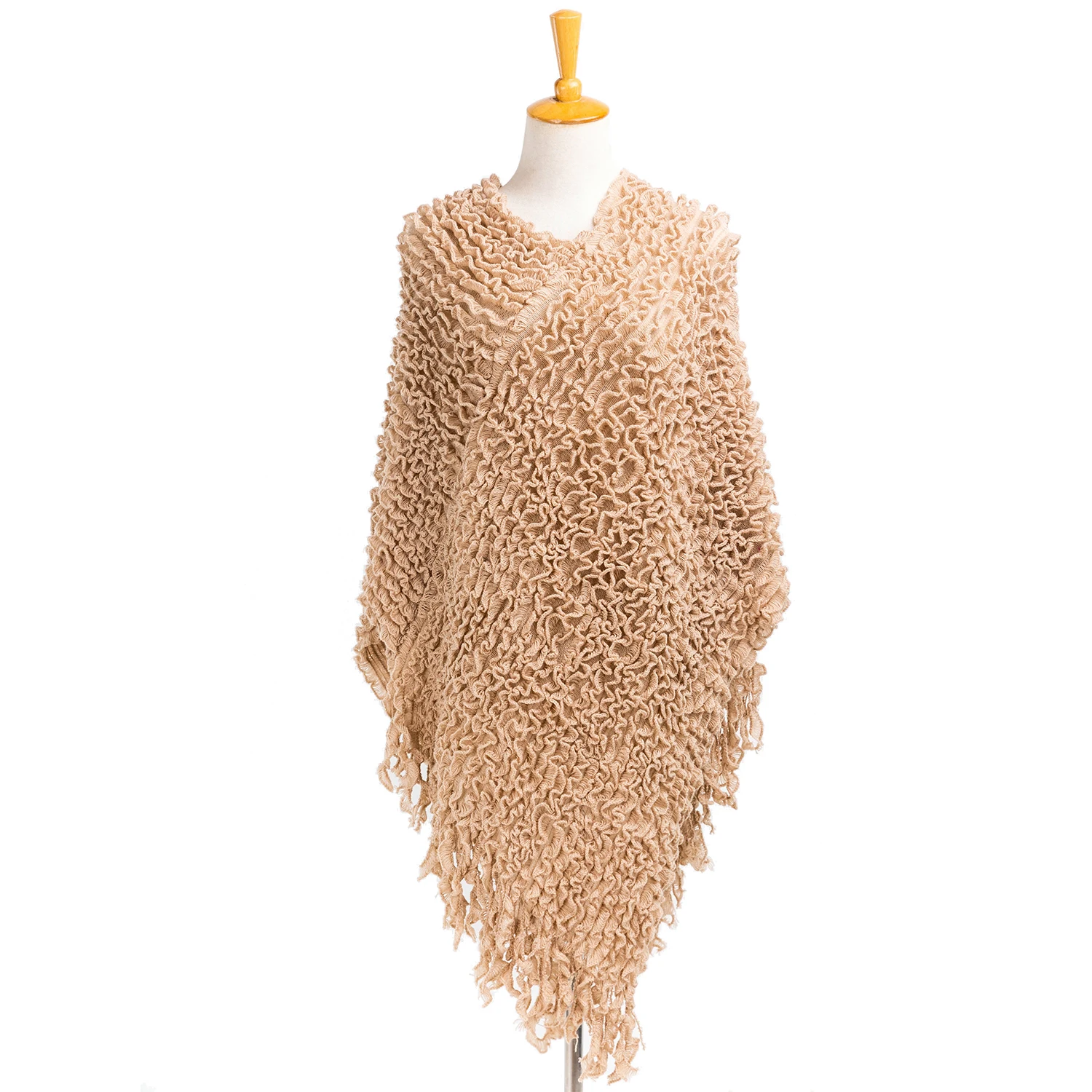 Spring Autumn Winter Woman Lady Fashion Poncho Warp knit crinkle V neck Pullover Oversize Wraps Ruffled Bat wing shape Shawl