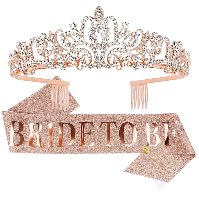 Bride To Be Sash Tiara Kit Rose Gold Bachelorette Party Decor Crown For Bride Crystal Crown And Glitter Bride Sash For Wedding
