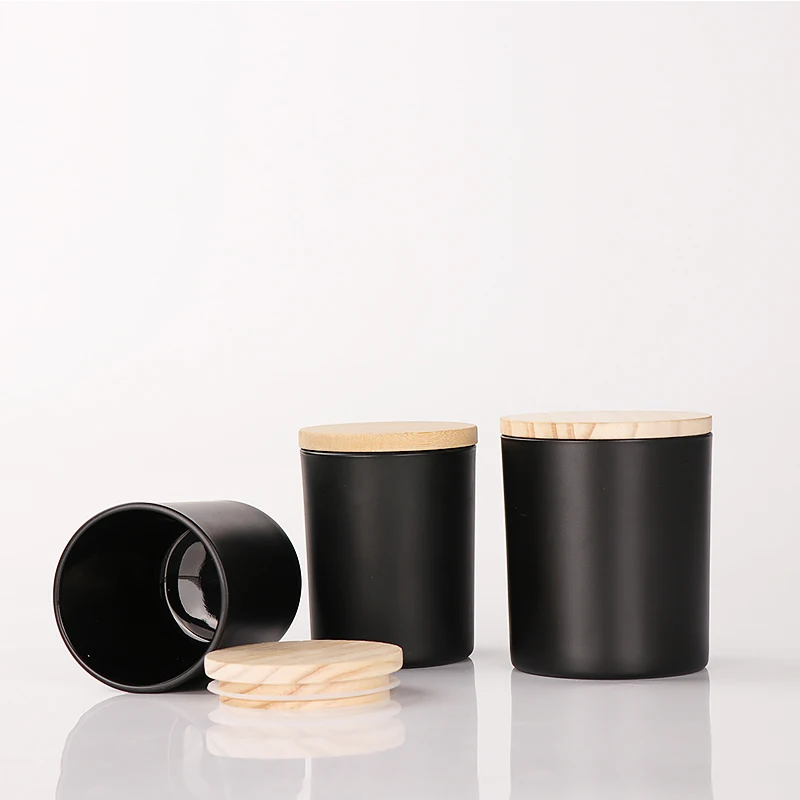 Premium  Black Glass Candle Jar with Bamboo Lid Luxury Home Decor Cylinder Cover Metal Mug and Empty Wax Box for Christmas