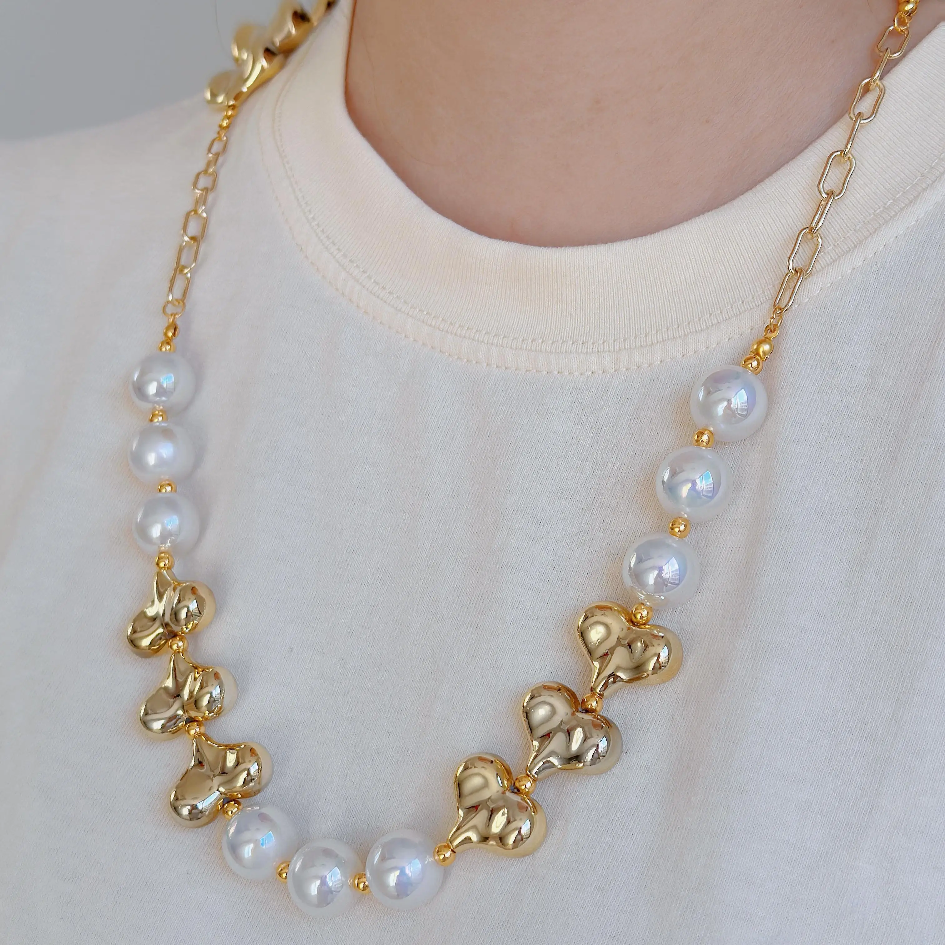 Handmade Pearl Heart Fashion Beaded Necklace 18k gold Plated No Tarnish Link Chain Jewelry Necklaces Women