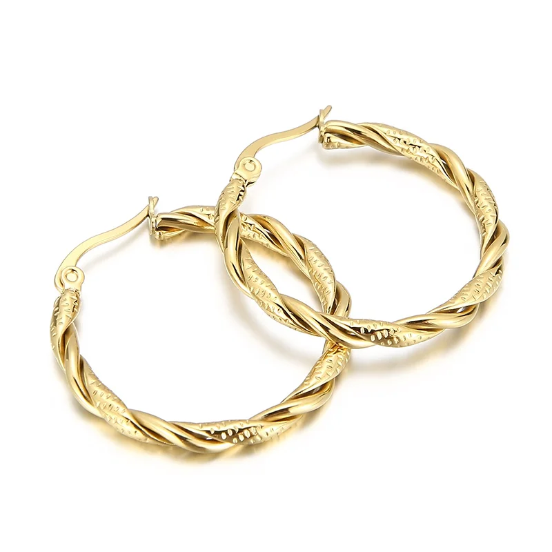 Kalen Wholesale Distortion 30mm Round Hoop Earrings 18k Gold Plating Women Stainless Steel Jewelry Earring
