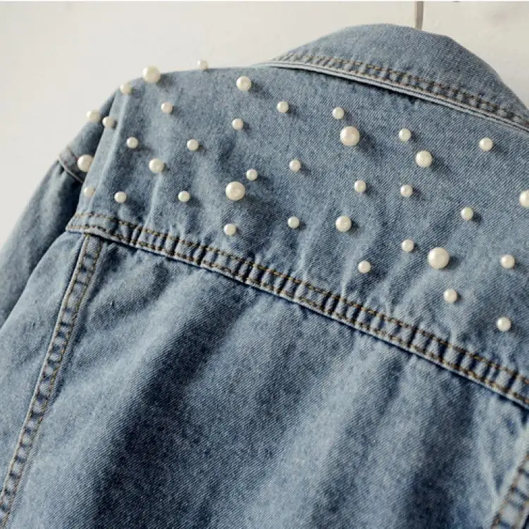 Spring Fashion Long Sleeve Women Pearl Jean Jacket Denim Jacket for Women 2021