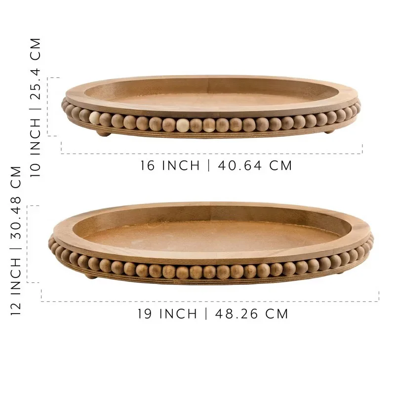 wooden farmhouse decorative tray rustic wood beaded tray for table decor oval wood color serving tray
