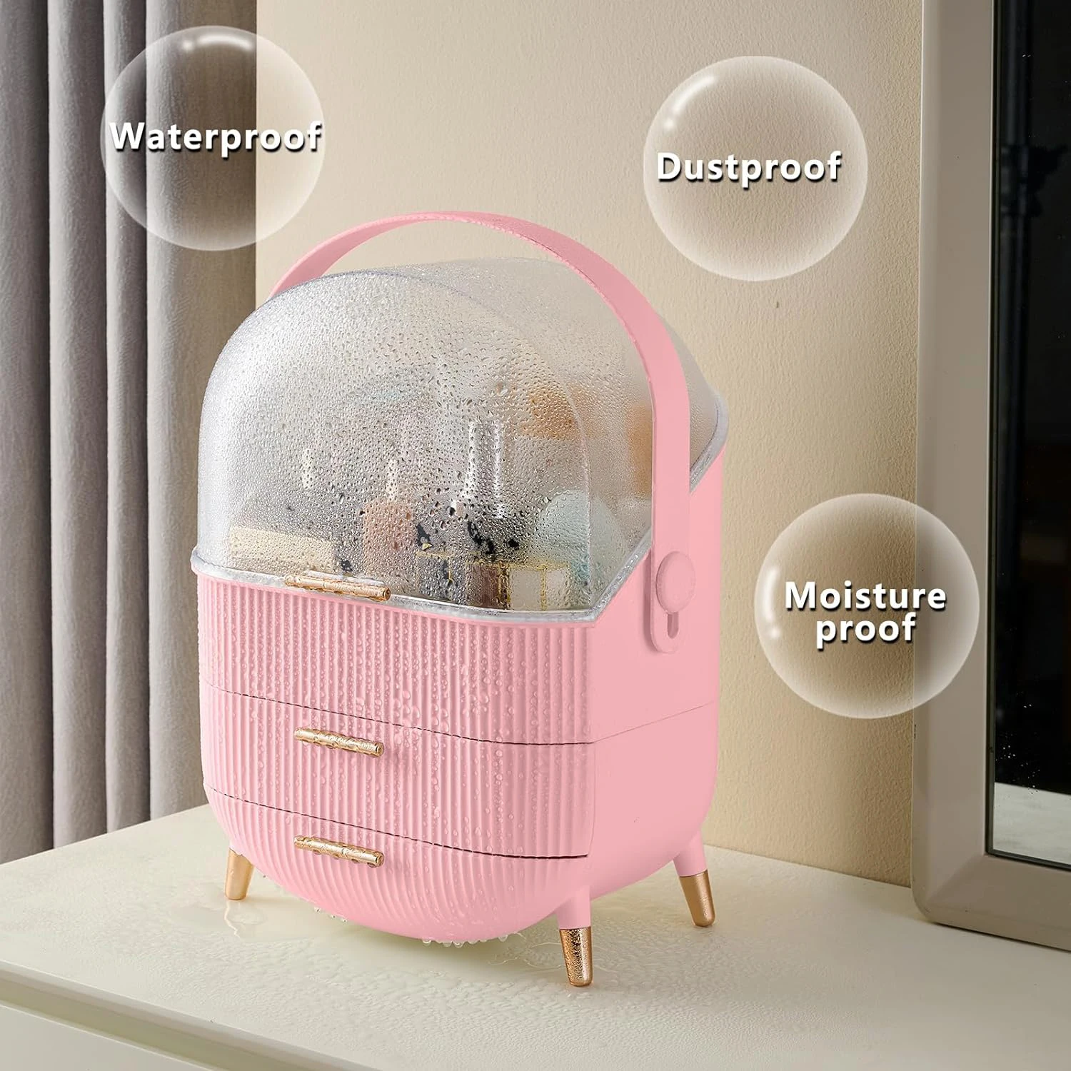 Large Makeup Organizer for Vanity Bathroom Dressing Case Dresser Countertop Skin Care Cosmetic Storage Box with 2 Drawer Pink