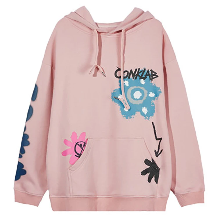 CONKLAB Wholesale Youth Kpop Loose Graffiti Floral Front Pocket Jumpers Ladies Printing Custom Women Cotton Hoodie