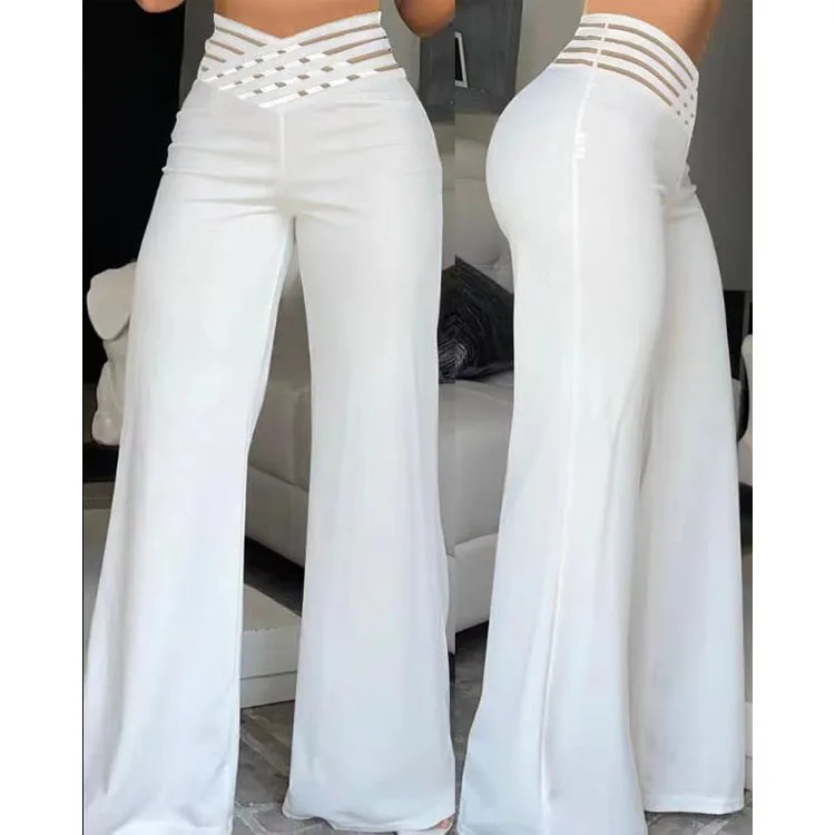 Elegant High Waist Flared Pants for Women Overlap Waisted Textured Crisscross Sheer Mesh Design Female Work Trousers