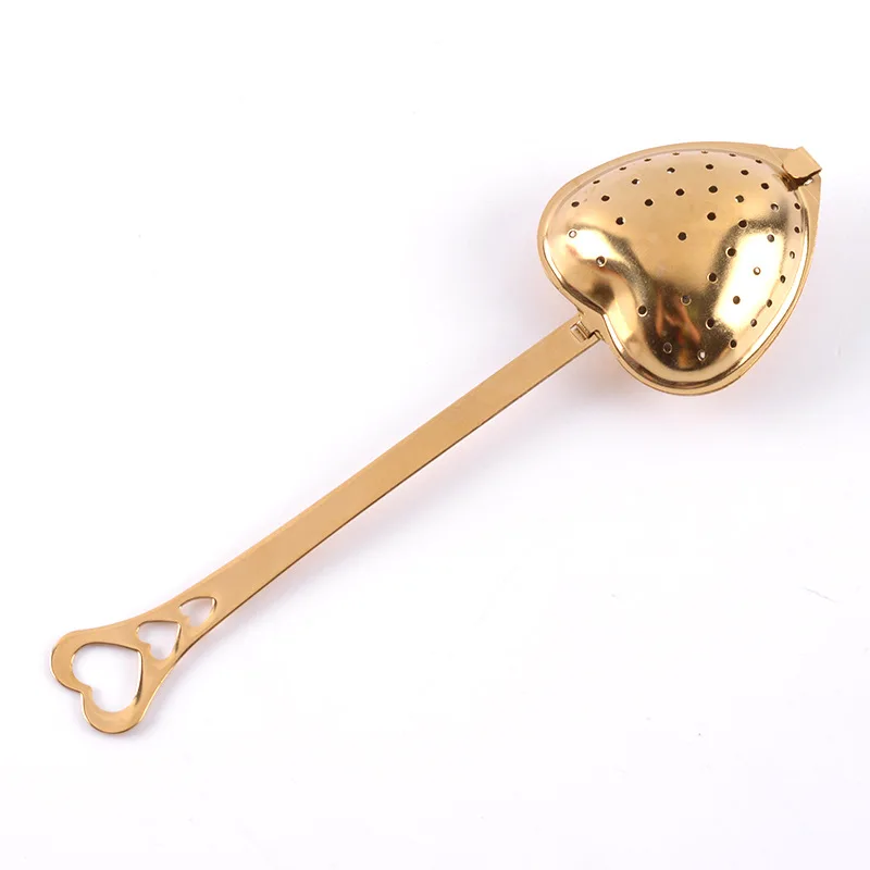 Hot Selling 304 Stainless Steel Long Grip Spoon Loose Tea Leaf Filter Gold Heart Shaped Mesh Tea Infuser Tea Strainer