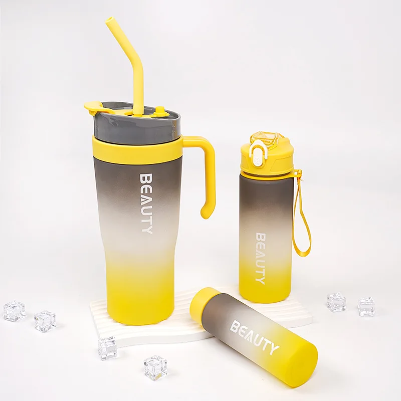 3 in 1 Gradient color frosted straw dual-drinking plastic large-capacity car-mounted 3pcs handle cooler cup water bottle