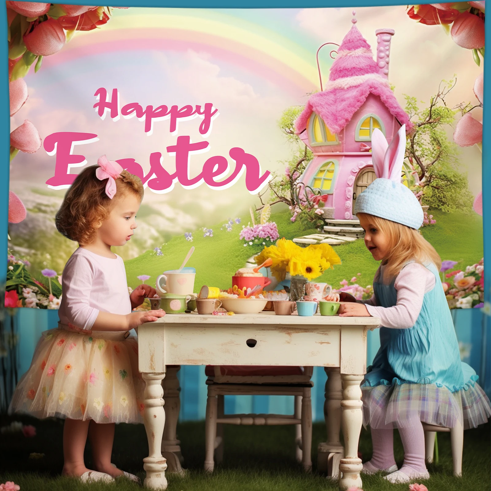 Happy Easter Photography Backdrop Bunny Rabbit Colorful Eggs Background Party Decor Photo Studio Props 59x39in