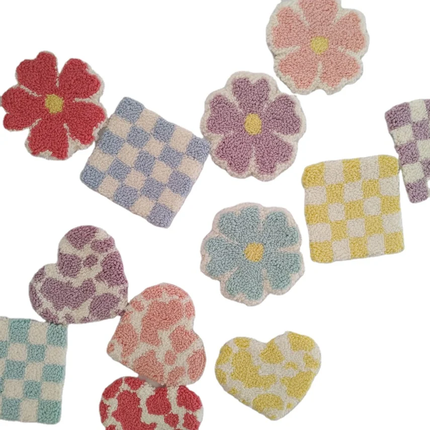 Danish Pastel Flower Heart Shaped Cow Pattern Hand Tufted Checkered Mug Rug Punch Needle Drink Coasters