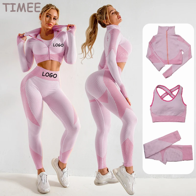 
Custom logo S-XL gym fitness suit bra seamless plus size jacket 3 Piece training suit legging set long sleeve fitness set women 