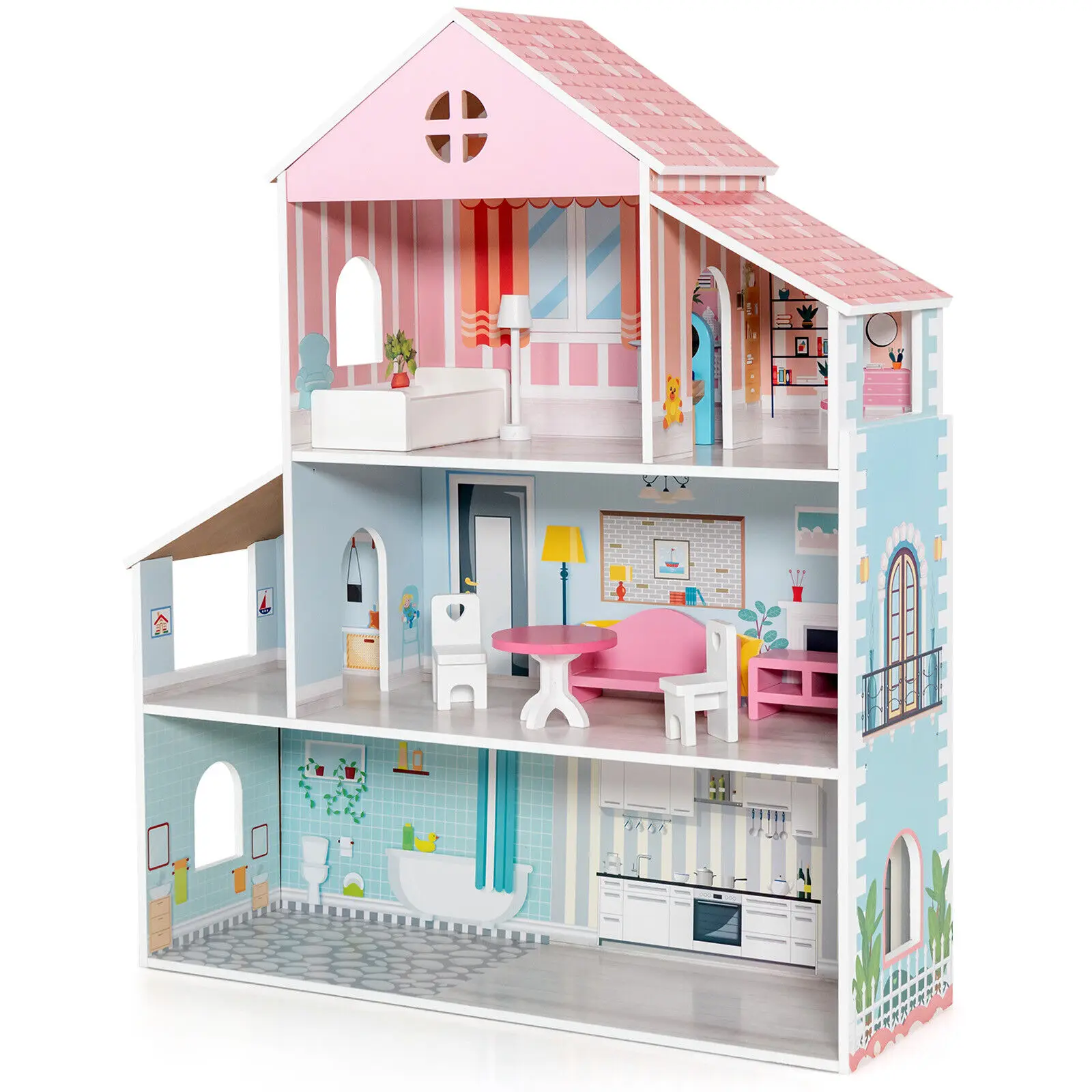 Luxury Wooden Kids Dollhouse with 34-Piece Accessories, Working Elevator and Garage, Easy Assembly , Role Play Gift for Ages 3+