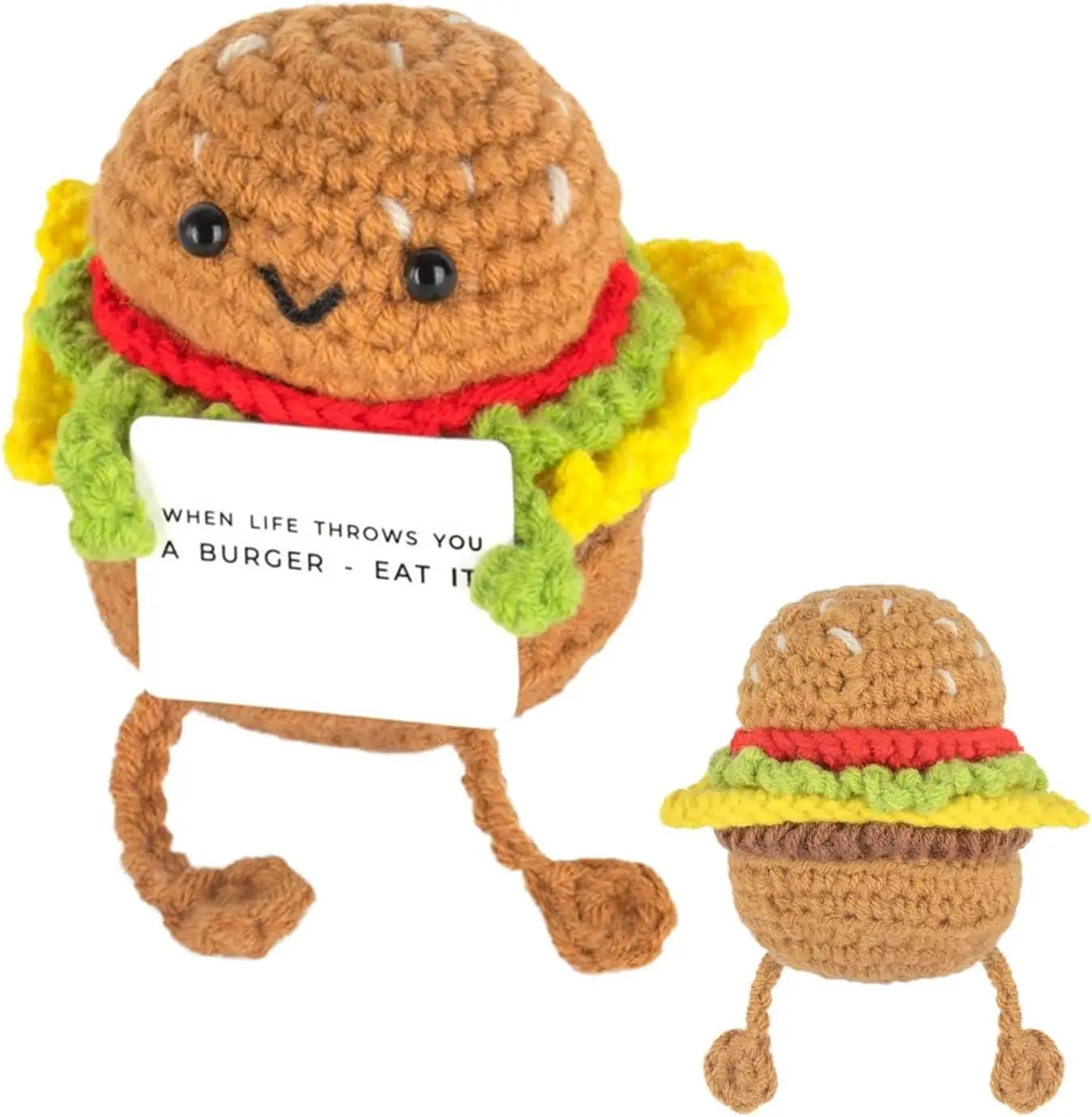 Positive Crochet Burger Knitted Doll Positive Potato Emotional Support Hamburger Wool Toy for Greetings Birthday Housewarming