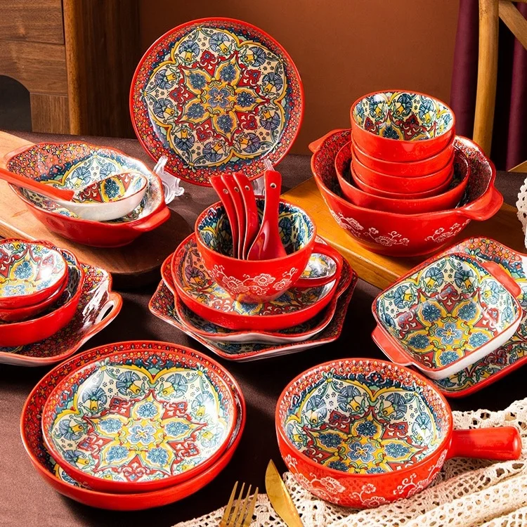 Hot Selling Bohemian Ceramic Dinnerware Retro Flower Tableware Exquisite Colorful Dinner Plate Sets