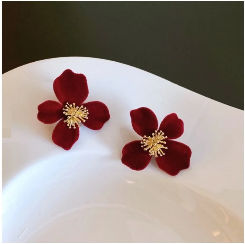 925 Silver Needle Velvet Flower Earrings Flocking Earrings Temperament Senior Atmosphere Red Earrings Female