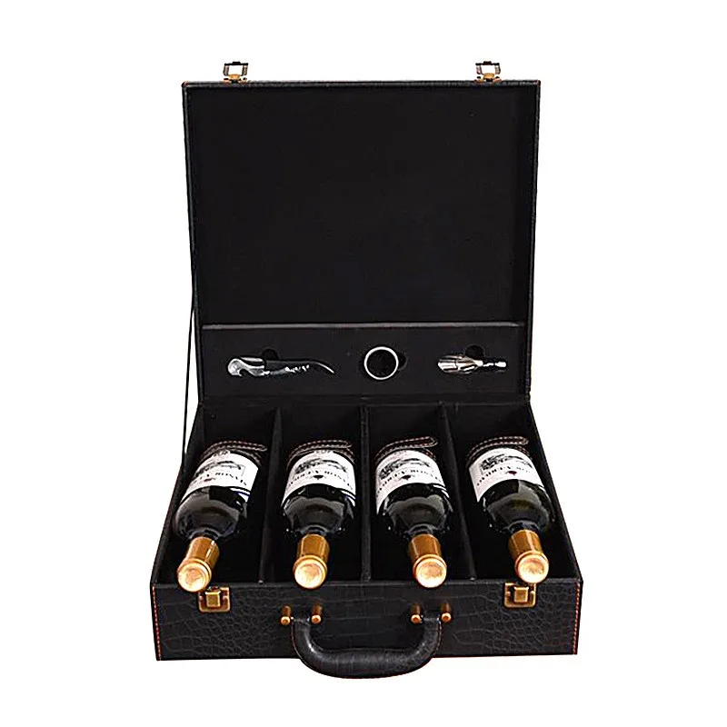 Personalized Luxury Leather Wine Gift Box 4 Bottles Wine Packaging Wood Box With Accessories For Wine Bottle