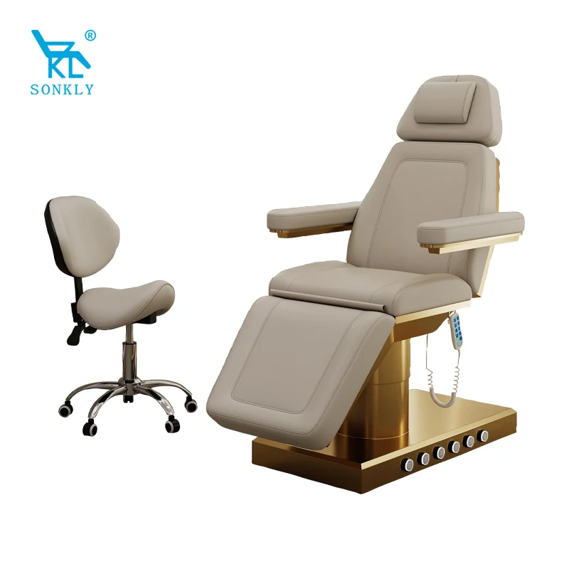 SONKLY Deluxe 3 Motor Stainless Steel Gold Coloured Base with Foot Control Beauty Bed Massage Table Treatment Bed
