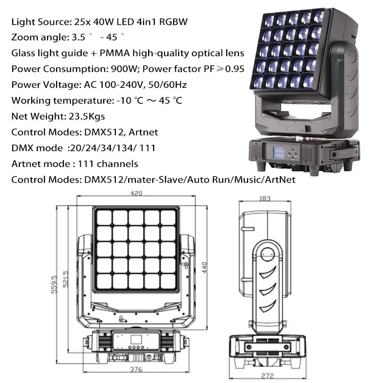 Professional Stage Disco 25LEDs 40W RGBW 4in1 LED Wash Matrix Moving Head Light for Concert Lighting