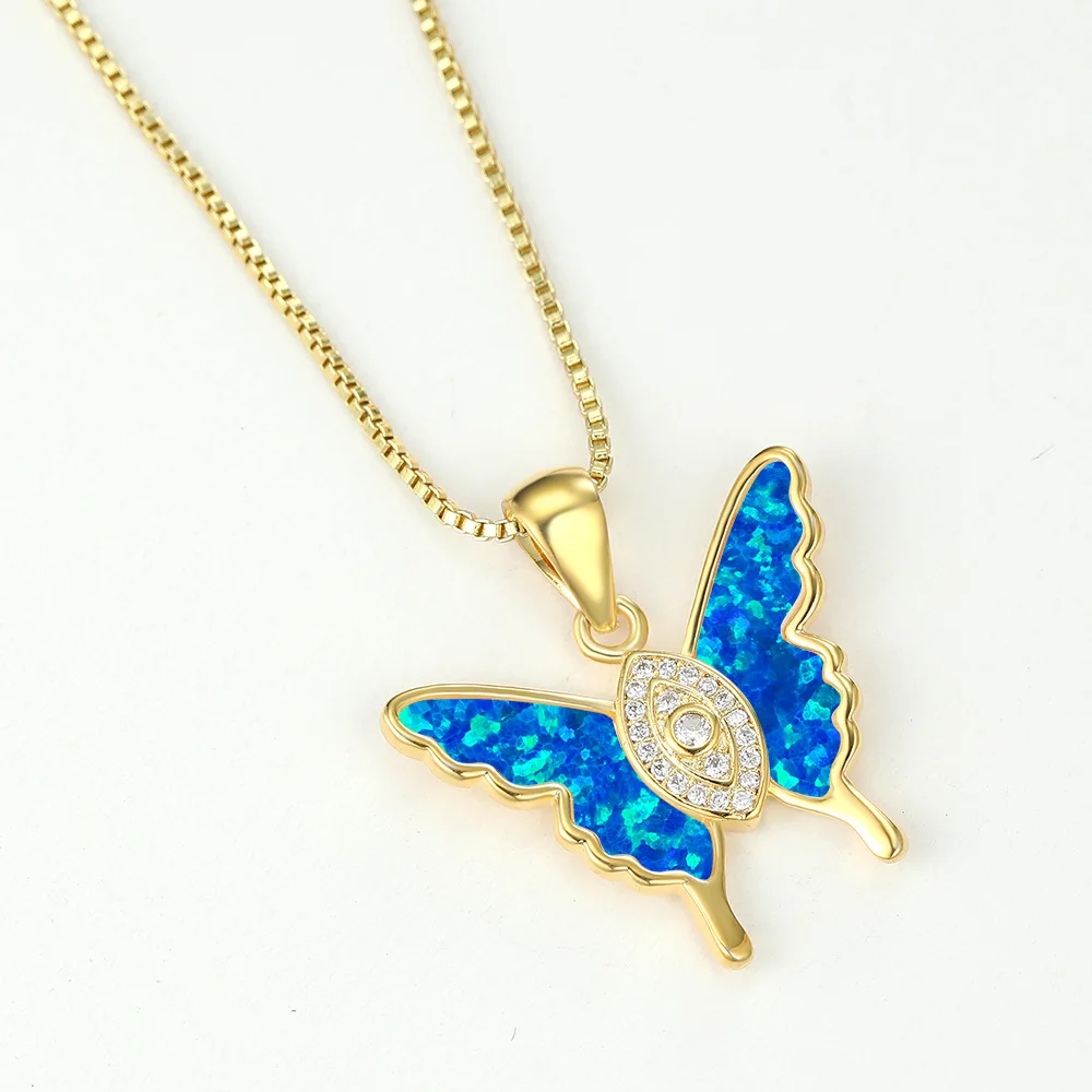 JCA Female Cute Butterfly Pendant Necklace White Blue Opal Stone Animal Necklace Fashion Gold Silver Chain Necklaces For Women