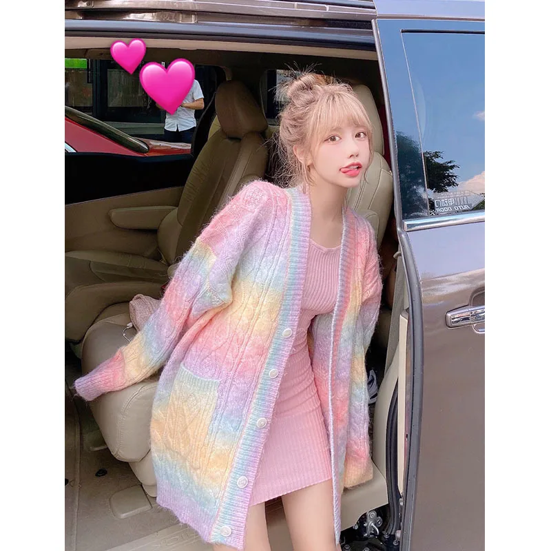 2021 New Spring Autumn Rainbow Cute Wear Women Girls Woolen Loose Wool Cardigan Soft Waxy Sweater