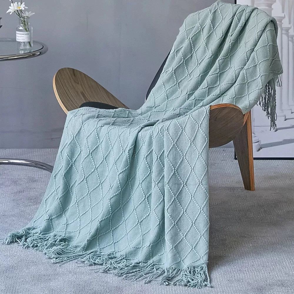 Diamond Pattern Sofa Blanket Bed Throw Blanket Solid Color Knitted Tassel Nap Blanket