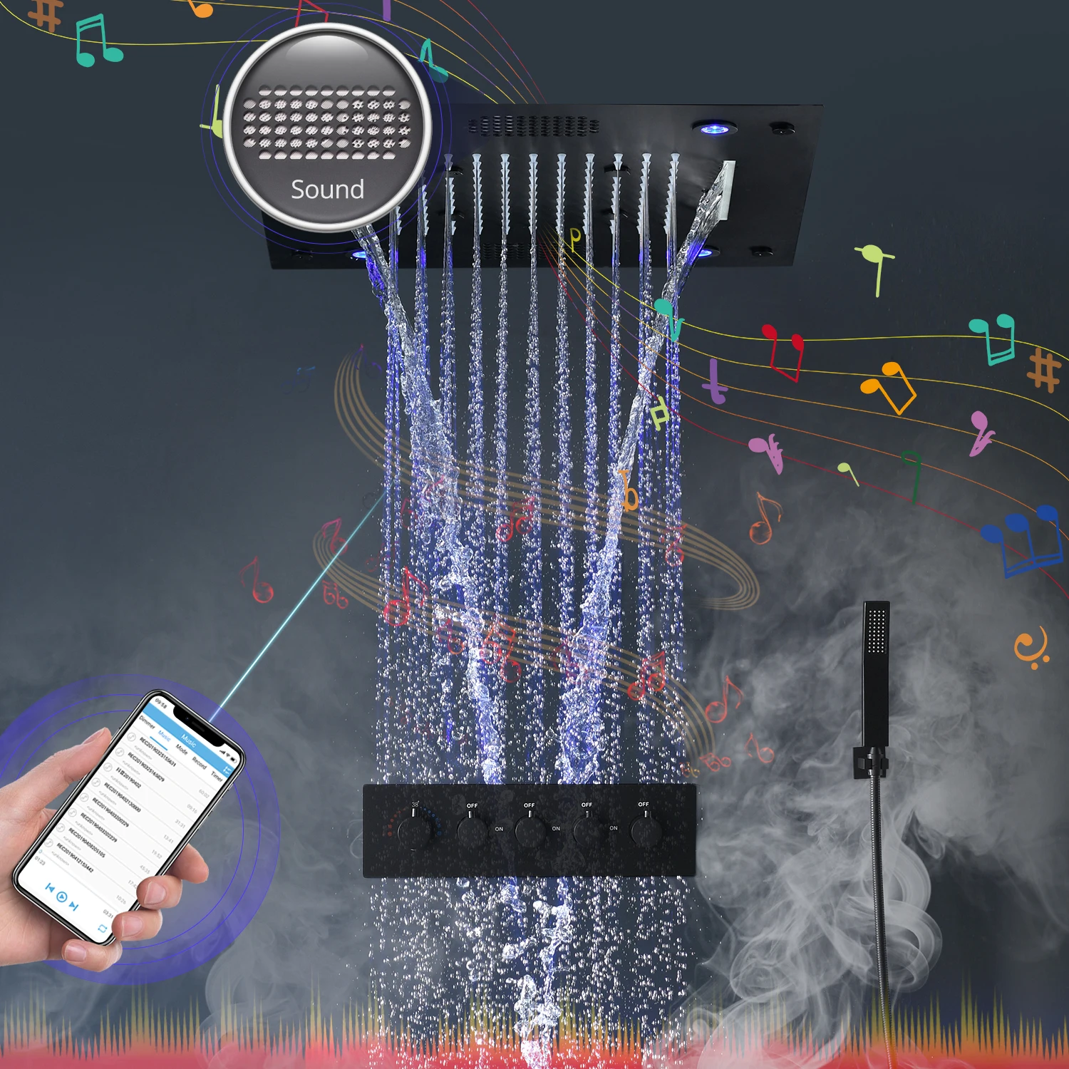 Bathroom Bluetooth Music Shower set Ceiling Misty Waterfall Rainfall LED Shower Head Thermostatic black Shower Faucets System