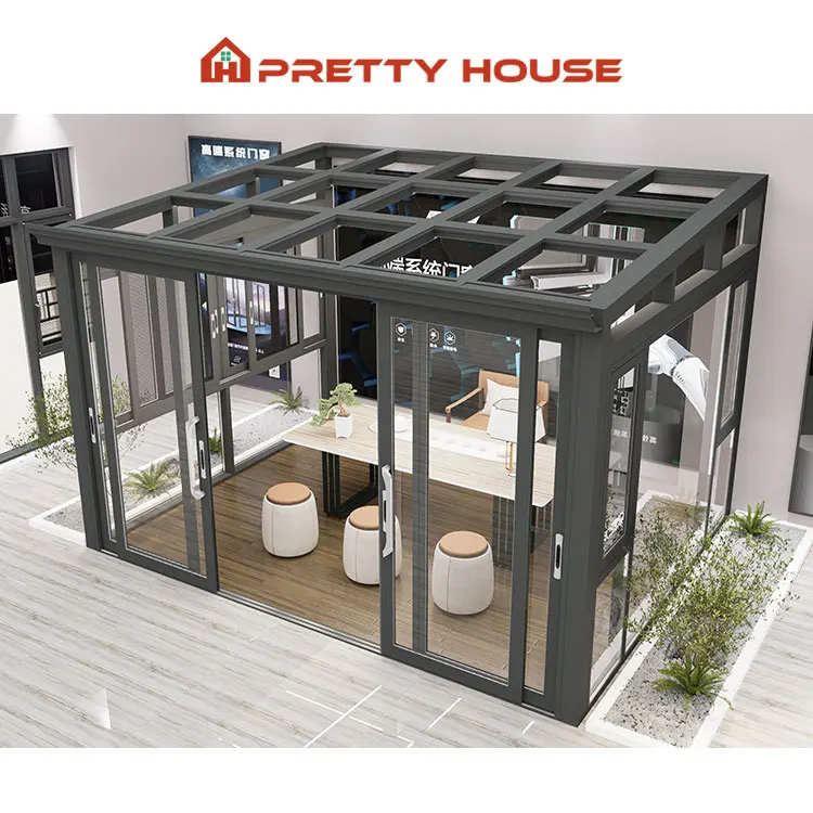 Customized Outdoor Veranda All Season Flat Freestanding Sunrooms Glass Houses Aluminium Slant Sun House