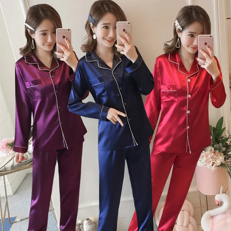 Solid color casual pajamas Long sleeve satin silk two-piece lapel plus-size pajamas comfortable home underwear