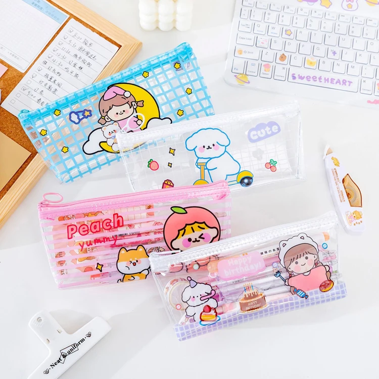 Kawaii прозрачный ПВХ чехол для карандашей на молнии милый школьный канцелярский пенал девочек
