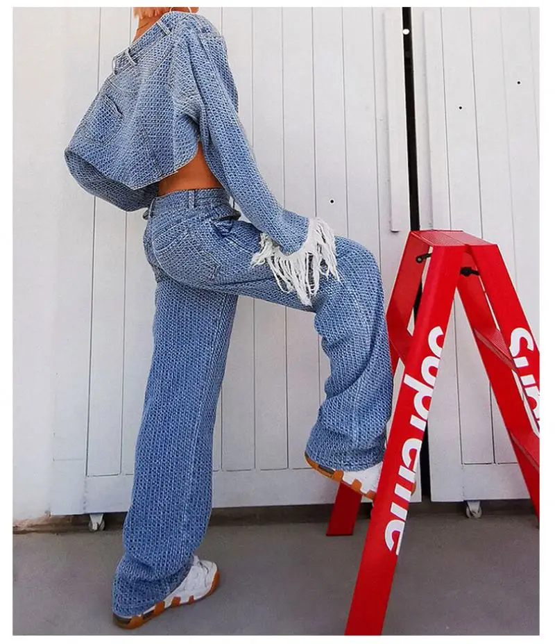 New fashion tassel long sleeve denim crop coat top and wide leg jeans pants leisure two piece suit for women